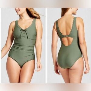 Merona Target Olive Green Scalloped One Piece Swimsuit Size Medium